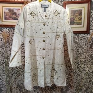 Indigo Moon ivory gold long jacket lined sequins beaded fully embroidery vintage